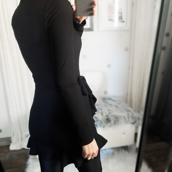 Fall Black Ribbed Knit Ruffle Dress Wrap Tunic Top Women’s Tops Clothes - Picture 7 of 10